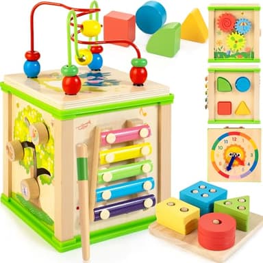 Wooden 7-in-1 Activity Cube| Montessori Toys for 1 2 3 Year Old Toddlers| Baby Educational Developmental Toys |One Year Old Boys Girls First Birthday Gifts |Bonus Sorting & Stacking Board - Image 1
