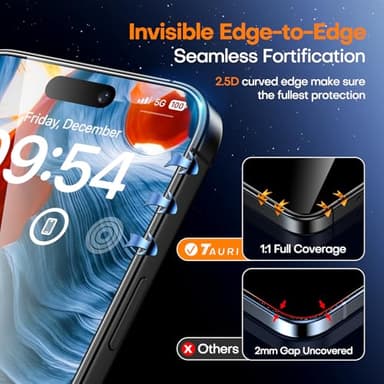 TAURI 4 in 1 for iPhone 15 Pro Max Screen Protector, 3 Pack Tempered Glass Film + 1 Dust Free Easy Installation Tool, 9H Hardness Bubble Free Micro-curved Edges HD Screen Protector for 15 Pro Max - Image 5