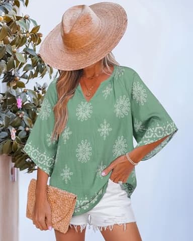 Bebonnie Ladies Tunic Tops and Blouses: 3/4 Sleeve Dressy Casual V Neck Boho Tops - Summer Linen Beach Vacation Clothes - Fancy Blouses for Women Elegant Light Green XXL - Image 3