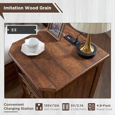T4TREAM Farmhouse Nightstand with Charging Station, 18" End Table with 2 Drawers, Wood Side Table, Bedside Cabinet for Bedroom, Living Room (Brown) - Image 5