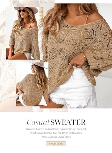 Dokotoo Summer Sweaters for Women 2025 Knitted Tops 3/4 Short Sleeve Camel Sweaters Round Neck Blouses for Women Dressy Casual Crochet Pullover Sweater Large - Image 4