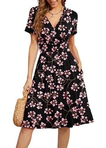 WEACZZY Womens Casual Dresses Short Sleeve Flower Party Dress V-Neck Floral Summer Sundresses for Women,Floral Gypsophila Black,XXL - Image 1