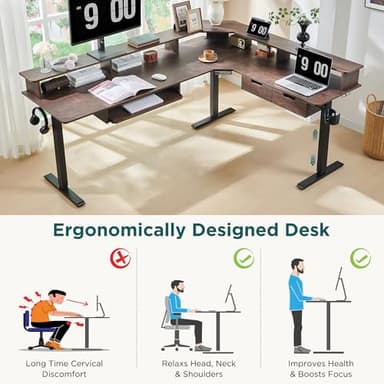 RedLemon 75X60 Inches L Shaped Electric Standing Desk, Height Adjustable Corner Gaming Desk with Drawers, Keyboard Tray, Power Outlets & LED Lights, Computer Desk with Monitor Shelf, Dark Walnut - Image 4