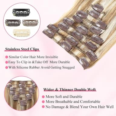Clip in Hair Extensions Real Human Hair, Seamless Clip ins Real Human Hair for Women, Remy Human Hair Clip in Extensions, Double Weft 8pcs 16 inch Light Blonde Highlighted Golden Blonde - Image 8