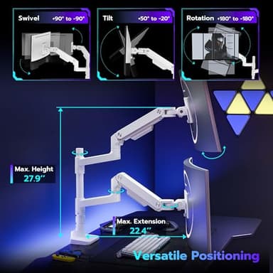 ARES WING Dual Monitor Arm Desk Mount for 17-49 Inch Ultrawide Monitors, Heavy Duty Dual Monitor Mount Holds 44 lbs, Full Motion Gas Spring Vertical Stacked Monitor Mount, 75/100 VESA Mount, White - Image 4