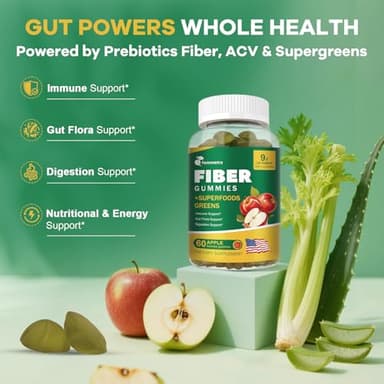13-in-1 Prebiotic Fiber Gummies for Adults - Digestive Support with Greens Blend & ACV, Sugar Free Apple Flavor for Gut Health & Regularity - 60 Vegan Gummies, Non-GMO - Image 3