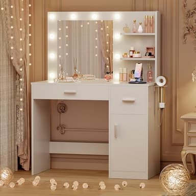 JUMMICO 35.4" Vanity Desk with LED Mirror & Power Outlet, Makeup Vanity Table with 3 Open Storage Shelves, Drawers and Cabinet, 3 Model Adjustable Lights for Bedroom & Dressing Room (White) - Image 2
