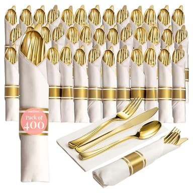 Prestee 400 Pieces Pre Rolled Gold Plastic Silverware Set for 100 Guests - Premium Disposable Silverware Set with Napkins - Wrapped Utensils with Forks, Knives, Spoons, Napkins for Weddings and Events - Image 1