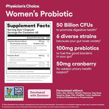 Physician's Choice Probiotics - PH Balance, Digestive, UT, & Feminine Health - 50 Billion CFU - 6 Unique Strains for Women - Organic Prebiotics, Cranberry Extract+ - Probiotic - 60 CT - Image 6