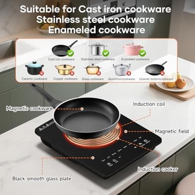 VoltCuisine Portable Induction Cooktop 1200W, Single Burner Hot Plate, 8 Power Levels, Timer & Child Safety Lock, Countertop Burner for Dorm, RV, Apartment, Small Kitchen - Image 3