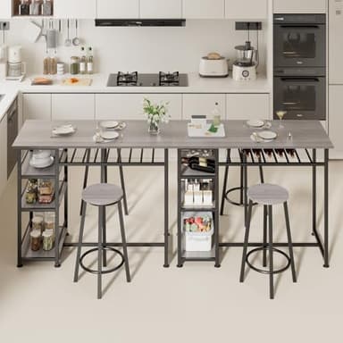 COMHOMA Dining Table Set for 2, Counter Height Kitchen Table and Chairs with Storage Shelves & Wine Rack, Bar Table Set with 2 Bar Stools, 3 Piece Dining Room Table Set for Small Space, Retro Grey - Image 8