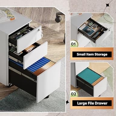 DEVAISE 3-Drawer Steel File Cabinet with Lock, Mobile Vertical White Rolling Metal Filing Cabinet for Home Office Storage, 17.1" D x 11.8" W x 23.6" H - Image 5