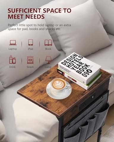 Evermagin C Shaped End Table with Charging Station, Small Side Table with Storage Bag for Couch and Recliner, Slide Under Sofa Tray for Living Room, Bedroom, Rustic Brown - Image 7