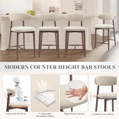 COLAMY Counter Height Bar Stools Set of 3, Kitchen Bar Stools with Back, Mid Century Modern Upholstered, with Wood Legs for Kitchen Island Dining Room Bar, Beige - Image 4