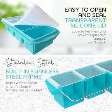 XOMOO Silicone Freezer Tray With Lid - Soup Freezer Container molds - Large Ice Cube Tray- makes 8 perfect 1 cup portions cubes, 2-Pack Freezer Storage Food Soups & Meal Prep - Oven & Dishwasher -Safe - Image 6