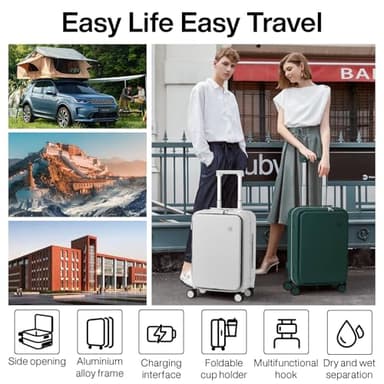 mixi Carry On Luggage with Cup Phone Holder and Charger Hard Shell Suitcases with Spinner Wheels,20 Inch Blackish Green - Image 2