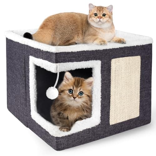 Loyareal Cat Houses for Indoor Cats - Large Cat Bed Cave with Scratch Pad and Fluffy Ball, Foldable Cat Condo Hideaway with Reversible Cushion for Multi Small Pet, Dark Grey - Image 1