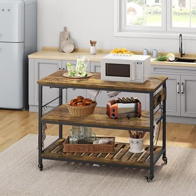 Yaheetech Kitchen Island with Power Outlet, Rolling Kitchen Cart with Wine Rack & Glass Holder & Hooks, Coffee Bar Microwave Stand Wine Rack Table for Dining Room, 47.5" W x 24" D, Rustic Brown - Image 4