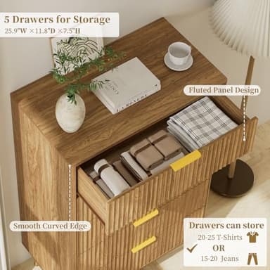 LYNSOM Fluted 5 Drawers Dresser, 45" Tall Modern Chest of Drawers with Curved Profile Design and Metal Handle, Wood Drawer Organizer for Bedroom, Living Room, Hallway, Entryway, Natural Oak - Image 5