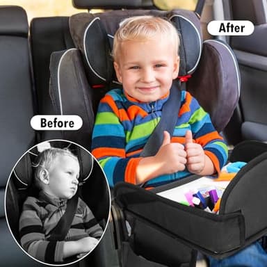 Kids Travel Tray for Toddler Car Seat, Lap Tray for Girl Activities with Dry Erase Board & Cooler Cup Holder, Road Trip Essentials Accessories with No-Drop Large Tablet iPad Holder Stand,2Pc Black - Image 2