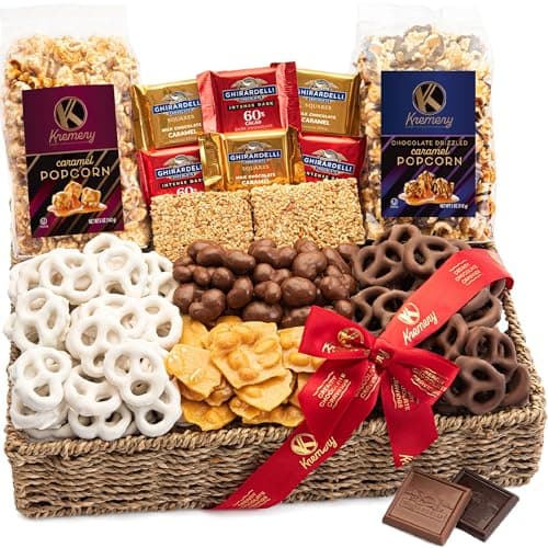 KREMERY Creamy Chocolate Cravings - Thanksgiving Chocolate Covered Pretzels & Caramel Popcorn Gift Basket, in Seagrass Tray + Ribbon (Deluxe, 3.5 lbs) Holiday Xmas Christmas - Image 1