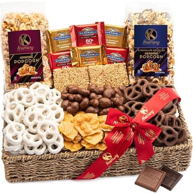 KREMERY Creamy Chocolate Cravings - Thanksgiving Chocolate Covered Pretzels & Caramel Popcorn Gift Basket, in Seagrass Tray + Ribbon (Deluxe, 3.5 lbs) Holiday Xmas Christmas - Image 1