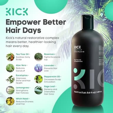 Kick Mens Shampoo - Peppermint & Tea Tree for Oil Control - Sulfate-Free, Refreshing Formula - Anti-Dandruff and Scalp Soothing - Shampoo for Oily Hair - Cruelty-Free - 16.6oz - Image 4