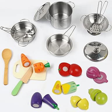 Sundaymot Play Kitchen Accessories, Wooden Play Food, Cooking Set with Stainless Steel Cookware Pots and Pans Utensils, Apron, Chef Hat, ​Cutting Food Kitchen Playset for Girls and Boys - Image 2