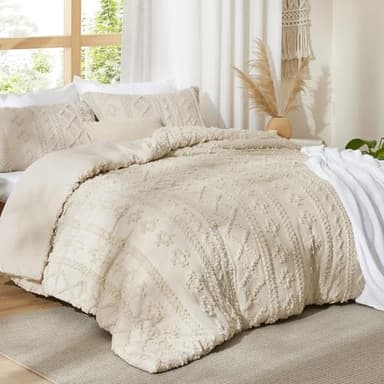 Bedsure Tufted Boho Comforter Set Queen Size - Beige Boho Bed Set, GentleSoft™ 3 Pieces Farmhouse Shabby Chic Embroidery Bedding, Gifts for Woman, Soft Jacquard Queen Comforter for All Seasons - Image 4
