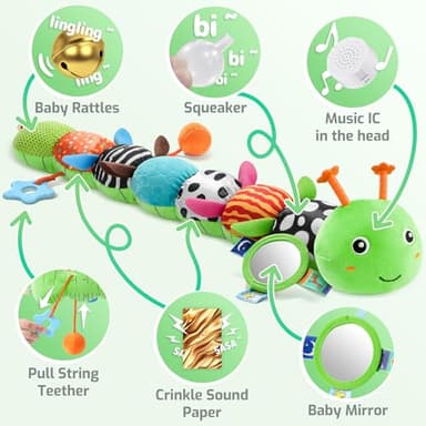 Sumobaby Baby Toys 0-6 6-12 Months, Music Caterpillar Plush Toy with Baby Mirror, Pull String&Crinkle Rattle,Infant Teething Toys,Tummy Time for 0-3-6-12 Month Boys Girls Newborn Gifts (Green-Leaf) - Image 3