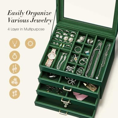 TidyStash 4 Layer Jewelry Box with Lid, Classic Jewelry Organizer with 3 Drawers for Women Girls, Adjustable Compartments, Modern Style, Green - Image 3