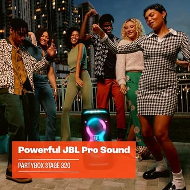 JBL PartyBox Stage 320 - Portable Party Speaker with Telescopic Handle & Wide, Sturdy Wheels, Powerful JBL Pro Sound, Futuristic lightshow, Up to 18 Hours of Play time, Splash Proof (Black) - Image 4