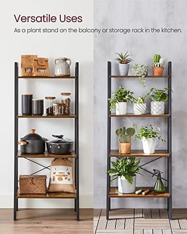 VASAGLE Ladder Shelf, 4-Tier Bookshelf, Storage Rack, Bookcase with Steel Frame, for Living Room, Home Office, Kitchen, Bedroom, Industrial Style, Rustic Brown and Ink Black ULLS44X - Image 8