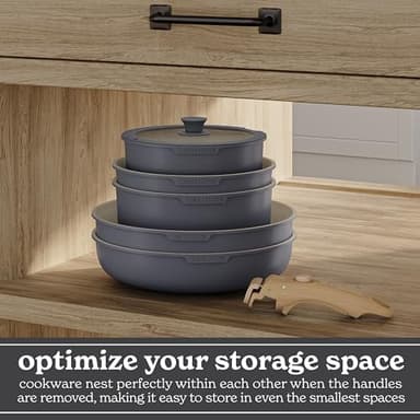 Country Kitchen Cookware Set with Removable Handle, Oven & RV Safe Pots and Pans Set, Grey/Ivory Wood Handle, Original - Image 5