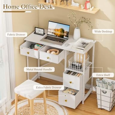 3IngSeagulls Small Computer Desk with 4 Fabric Drawers, Simple Writing Desk for Home Office, Compact Study Desks for Small Spaces, Kids Desk Study for Bedroom, White - Image 3