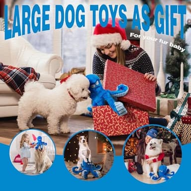 LEGEND SANDY Tough Dog Toys, Stuffed Chew Large Dog Toys to Keep Them Busy, Interactive Squeaky Tug of War Doggie Toy, Crinkle Blue Octopus - Image 7