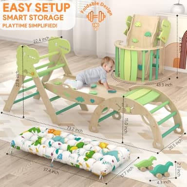 KidsBuddy Pikler Triangle Set with Cushion 9 in 1 Climbing Toys for Toddlers 1-3 Indoor Baby Climbing Gym Toddler Montessori Toys Wooden Toy with Maze Toy, Shape Sorter, Dinosaur Car - Image 2
