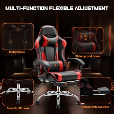 Sweetcrispy Video Game Desk Chair - Ergonomic Computer with Footrest and Comfy Lumbar Support, PU Leather Recliner with Headrest, Fixed Up Armrest, Height Adjustable with 360° Swivel, for Adults, Red - Image 6