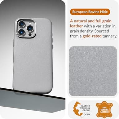 LONLI Classic - for iPhone 16 Pro Leather Case - European Genuine Vele Leather Phone Case - Smoothen and Soften Over Time - [Compatible with Magsafe] - Gladius/Grey - Image 3