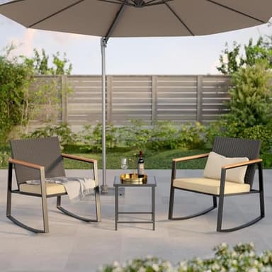 Gizoon 3 Pieces Rocking Patio Bistro Set with Anti-Scald Armrest, Outdoor Patio Wicker Furniture Set with Glass Table and Cushion for Garden, Yard, Porch - Image 8
