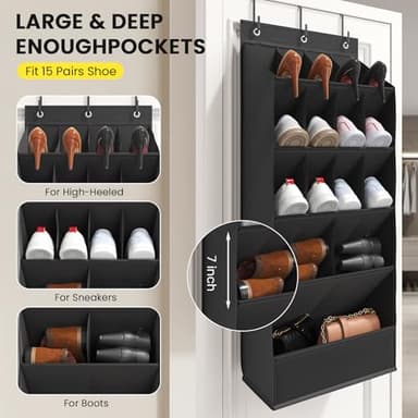 Mefirt Over the Door Shoe Organizer for Closet, Shoes Rack for Closet with 15 Large Pockets, Hanging Shoe Organizers for Boot Storage, Behind the Door Narrow Shoe Holder for Small Shoes, Black - Image 4