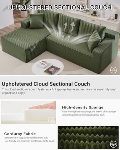Cloud Sectional Couch,105 Inch Modern Modular Sectional Sofa with Deep Seat,Corduroy Boneless Couches with L-Shape Chaise for Living Room Bedroom,No Assembly Required (Green, Left Facing Chaise) - Image 5