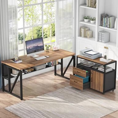 Tribesigns 63" L Shaped Desk with Drawer Cabinet, Executive Computer Desk and lateral File Cabinet, 2 Piece Home Office Furniture with Drawers for Hanging File, Doors with Locks (Brown, 63 inches) - Image 2