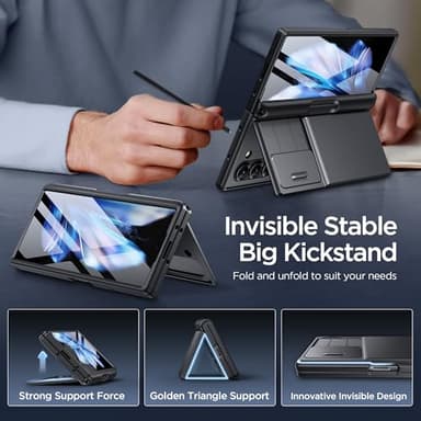 TONGATE Wallet for Z Fold 6 Case with Glass Screen Protector, [4-Card Holder] Built-in Large Stand & Slide Camera Cover Z6 Shockproof Phone Case for Samsung Galaxy Z Fold 6 2024, HD Black - Image 3