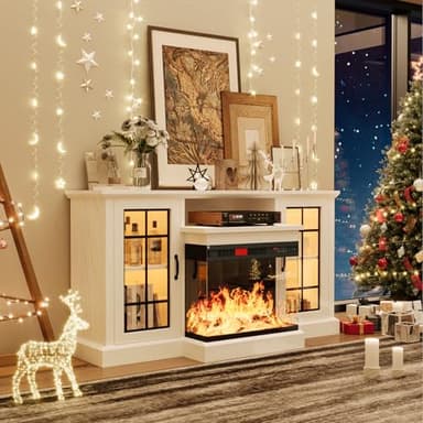 oneinmil 59'' Fireplace TV Stand, 3 Sided Glass Media Entertainment Center Console Table for TVs up to 65'' with Glass Door Adjustable Flame LED Color for Living Room, Set of TV Table, White - Image 6