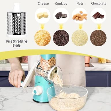 X Home Rotary Cheese Grater for Kitchen, Shredder with 3 Interchangeable Blades, Rotary Grater with Handle and Strong Suction Base, for Vegetables, Fruit, Nuts, Easy to Use and Clean, Blue - Image 5