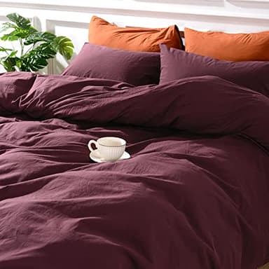NEXHOME PRO Duvet Cover Set King Size Linen Look Textured Organic Natural 100% Washed Cotton Duvet Cover Burgundy Dark Red 3 Pieces Bedding Set with Zipper, Breathable, Soft (No Comforter) - Image 8