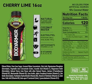 BODYARMOR Sports Drink Sports Beverage, Cherry Lime, Coconut Water Hydration, Natural Flavors With Vitamins, Potassium-Packed Electrolytes, Perfect For Athletes, 16 Fl Oz (Pack of 12) - Image 2
