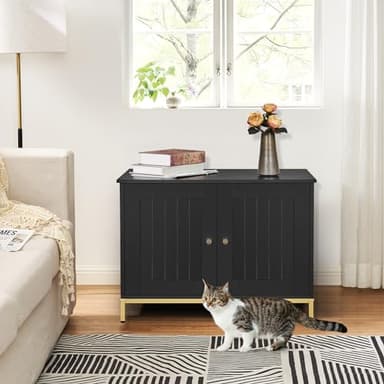 Homhedy Cat Litter Box Enclosure, Cat Washroom Furniture with Metal Frame, Pet House, Fit Most of Litter Box, Modern Style, Black and Gold - Image 4