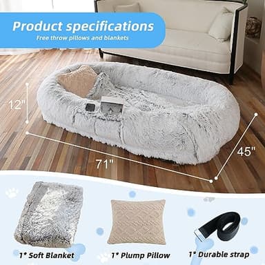WROS Human Dog Bed - 71"x45"x12" Fits You & Pets, Washable Faux Fur, Orthopedic, Plump Pillow, Blanket, Strap - Grey - Image 5